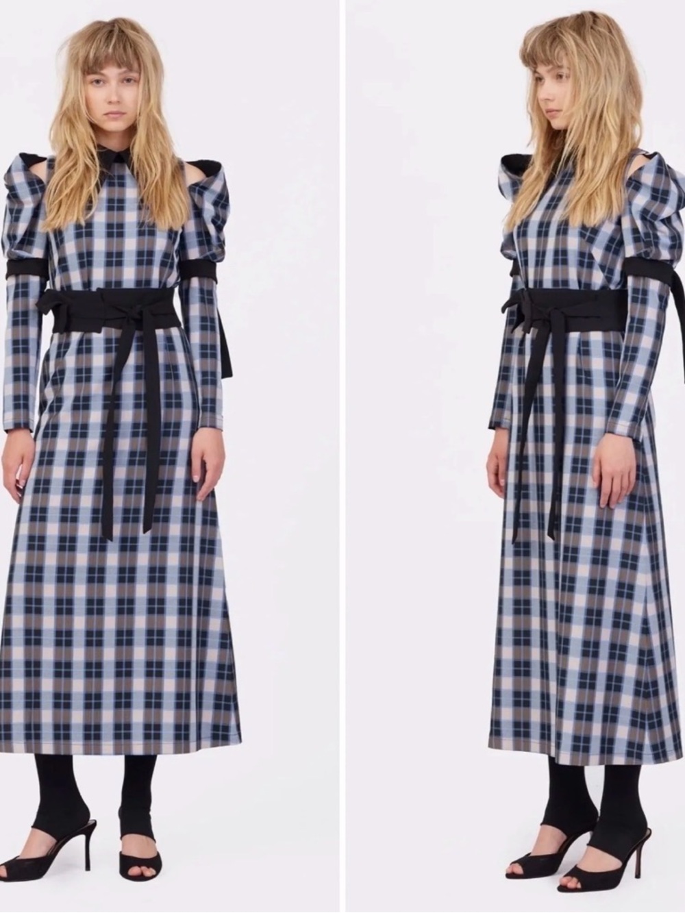 Julia Allert Blue Plaid Maxi Dress with Black Trim and Waist Tie Belt